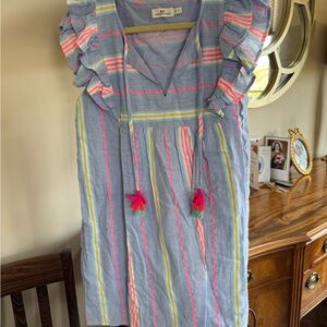 Vineyard Vines Light Blue Multi-Striped Ruffle Sleeve Dress